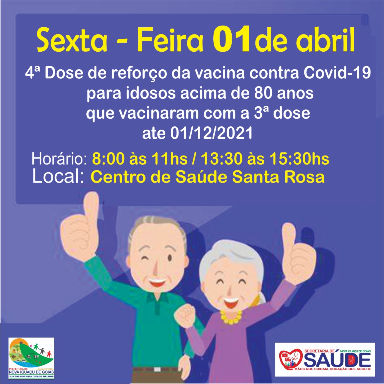 Read more about the article 1 DE ABRIL SERÁ REALIZADA A 4ª DOSE DA VACINA DE REFORÇO DA COVID-19 NO CENTRO DE SAÚDE SANTA ROSA